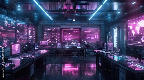 High-tech lab with glowing equipment and digital interfaces