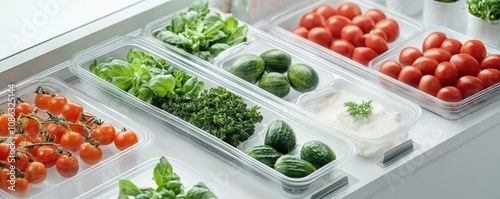 Trays of fresh produce including tomatoes, basil, and cucumbers displayed in a hygienic kitchen environment for safe food handling. photo