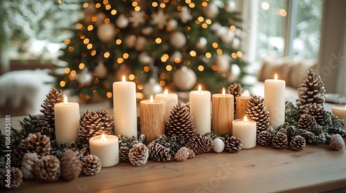 A Scandinavian-style Christmas dining table decorated with pinecones, white candles, and natural wood ornaments, with a large Christmas tree in the background covered in eco-friendly, 