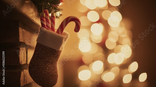 Cozy Christmas stocking with candy canes by festive lights. photo