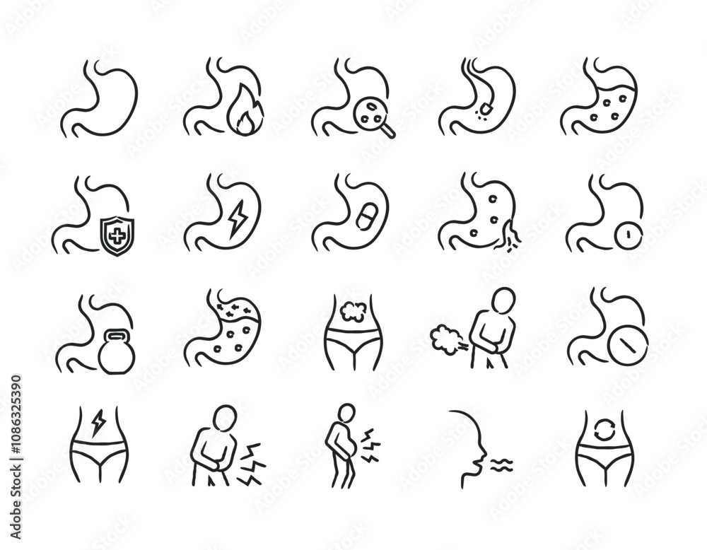 Flatulence, stomach hand drawn doodle sketch style line icons Flatulence, stomach hand drawn doodle sketch style line icons
