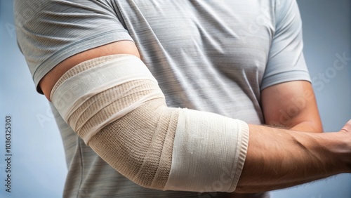 Medicine bandage wrapped around an injured elbow , injury, elbow, medical, treatment, healthcare