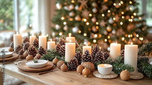 A Scandinavian-style Christmas dining table decorated with pinecones, white candles, and natural wood ornaments, with a large Christmas tree in the background covered in eco-friendly,