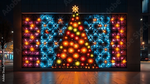 A modern outdoor Christmas lighting display featuring sleek geometric patterns, subtle holiday colors, and a minimalistic tree with bright star lights