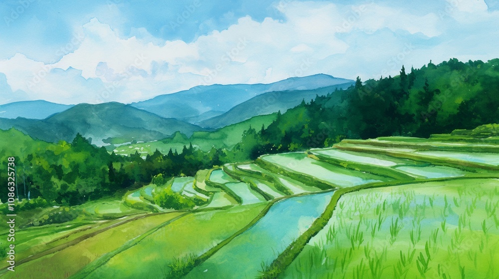 Fototapeta premium 水彩の背景に広がる美しい田んぼの風景2