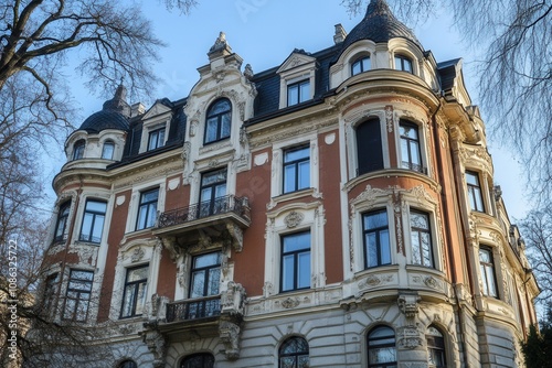 Ornate brick building with white trim, featuring arched windows and a balcony.