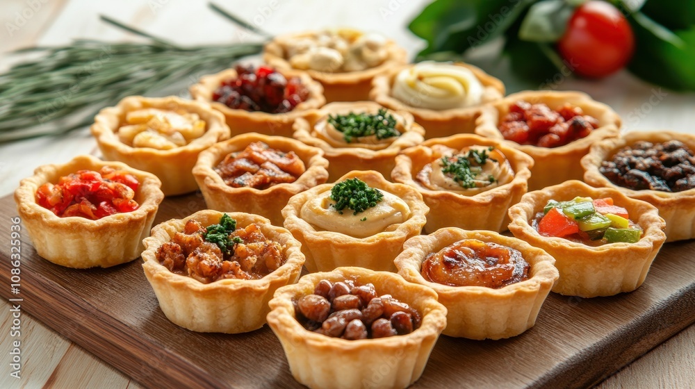A platter of assorted savory tarts filled with various toppings, perfect for appetizers. A platter of assorted savory tarts filled with various toppings, perfect for appetizers.