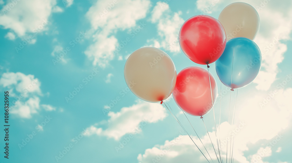 Balloons of red white and blue colors float smoothly in the sky