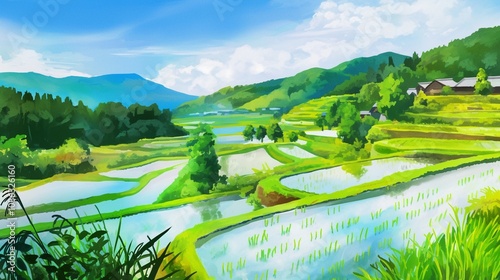 水彩の背景に広がる美しい田んぼの風景10