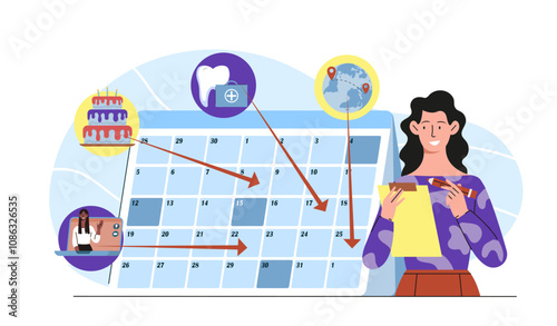 Woman event manager. Young girl near calendar. Planning and time management, organization of holidays and festivals, party. Flat vector illustration isolated on white background
