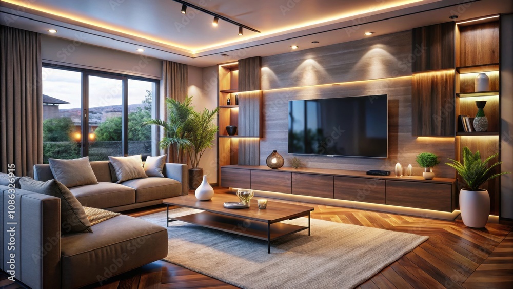 Cozy modern living room with ambient lighting and large TV at night, cozy, modern, living room, ambient lighting