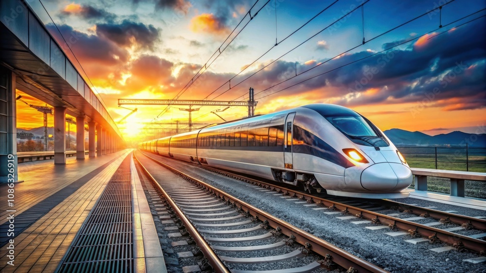 Fototapeta premium High speed train on railway platform at sunset , high speed, train, motion, railway station, modern, passenger, transportation