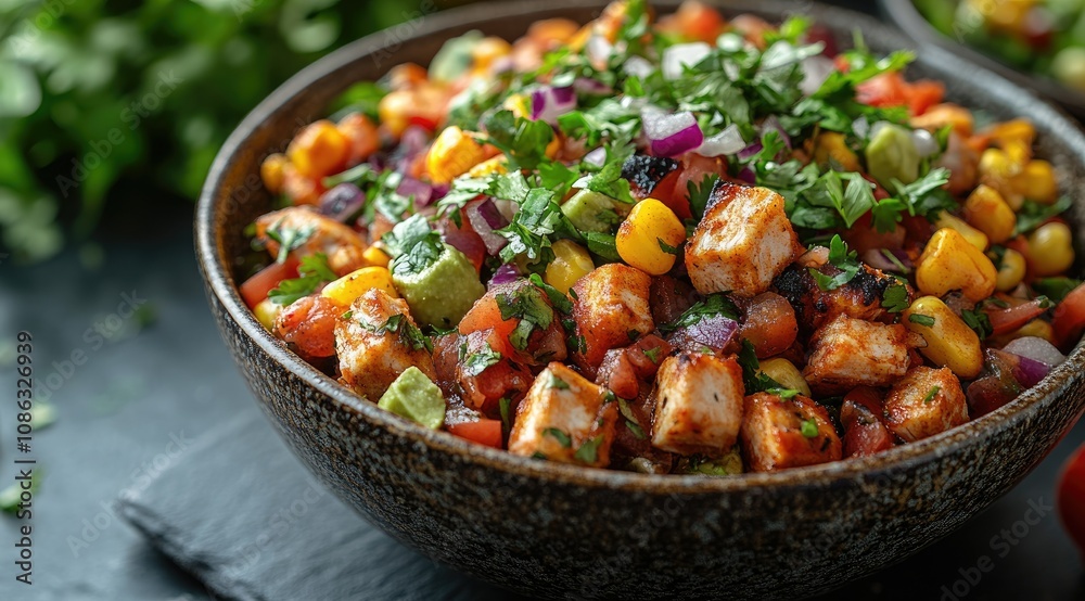 Bowl of grilled chicken, corn, avocado, tomato, and red onion salad. Bowl of grilled chicken, corn, avocado, tomato, and red onion salad.