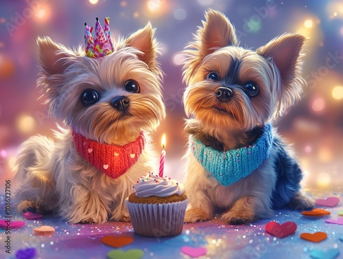 Two Yorkshire Terriers Celebrating a Birthday with Cupcake photo