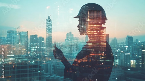 A silhouette of a professional in a hard hat against a city skyline, symbolizing industry and progress.