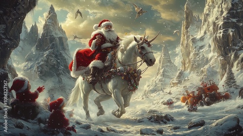 A magical winter scene featuring Santa Claus riding a majestic white unicorn through a snowy landscape. The background consists of towering, snow-covered mountains, with a gentle snowfall creating a s photo