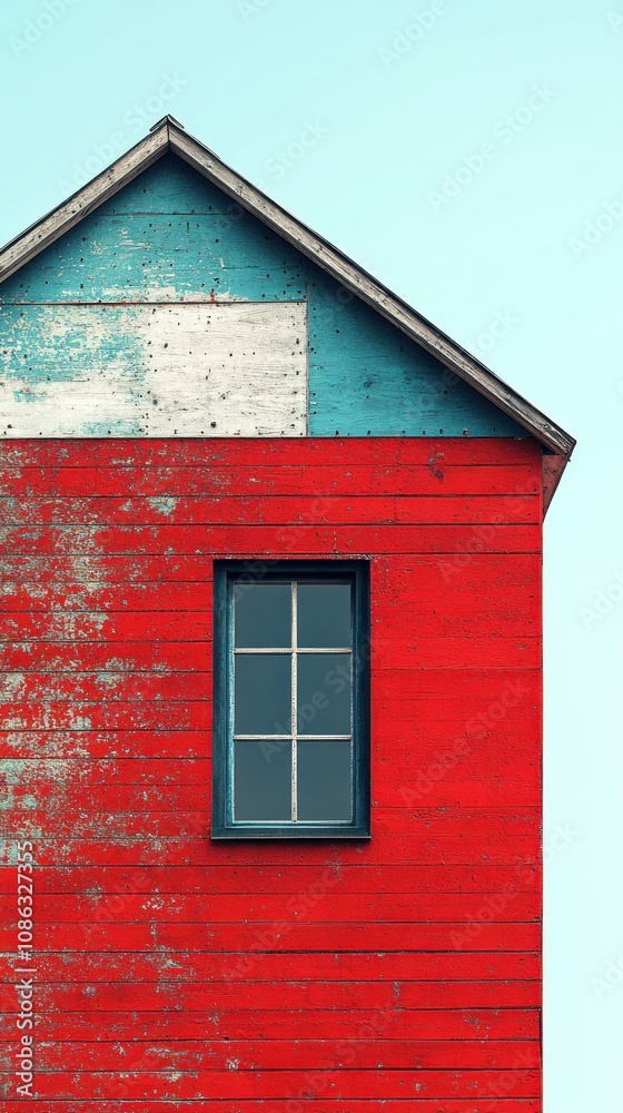A vibrant wooden house with a red facade and blue roof. A vibrant wooden house with a red facade and blue roof.