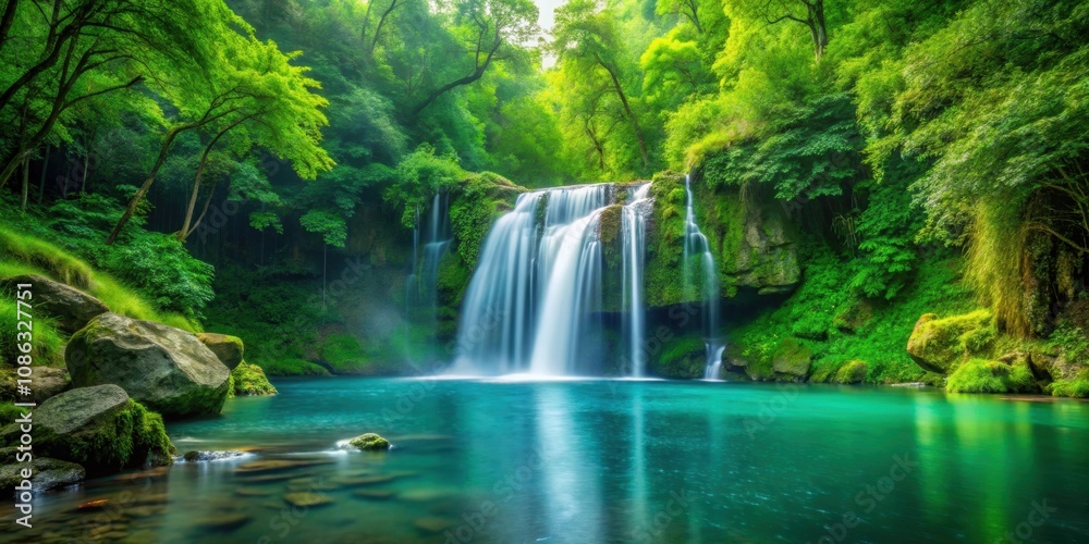 Fototapeta premium Lush green forest with a serene waterfall cascading into a tranquil pool, nature, landscape, forest, waterfall, cascading