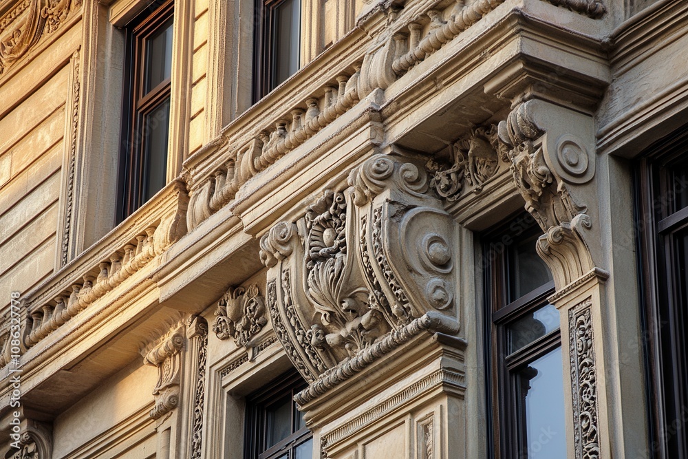 Obraz premium Ornate stonework and windows on an old building.
