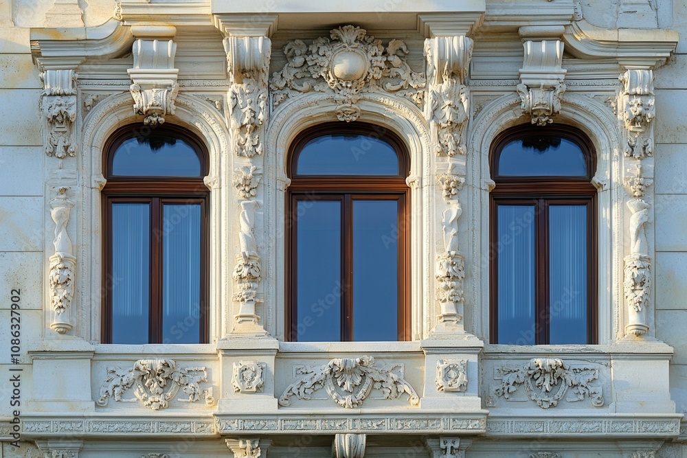 Obraz premium Ornate windows with stone carvings on a building facade.
