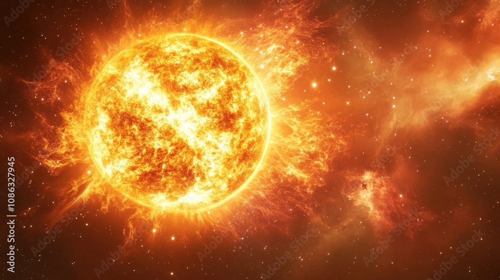 Obraz premium A vibrant depiction of the sun, radiating intense heat and light against a cosmic backdrop, showcasing solar flares and a vivid orange-yellow hue.