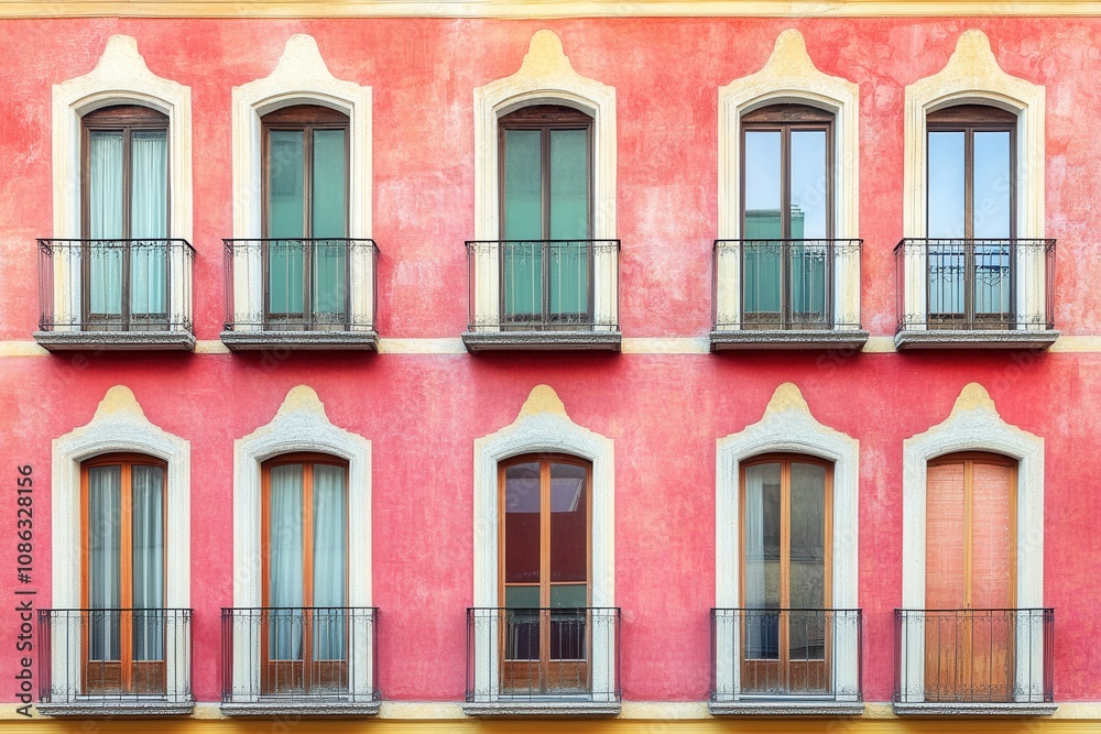 Fototapeta premium Pink building facade with eight windows and balconies.
