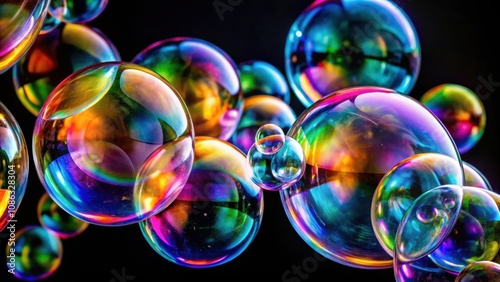 Multi-colored soap bubbles with iridescent light on a black background, soap bubbles, colorful, iridescent, shiny