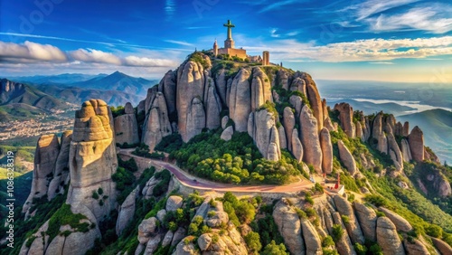 A breathtaking view of Montserrat mountain in Catalonia, with towering rocks and the Cross of Saint Michael viewpoint