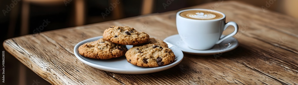 Delicious Chocolate Chip Cookies and Latte Coffee on Rustic Wooden Table Delicious Chocolate Chip Cookies and Latte Coffee on Rustic Wooden Table