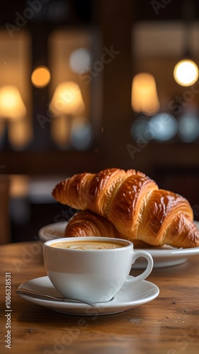 A cafe table with a coffee cup and a croissant, photographed in warm, soft lighting for a cozy feel anime style