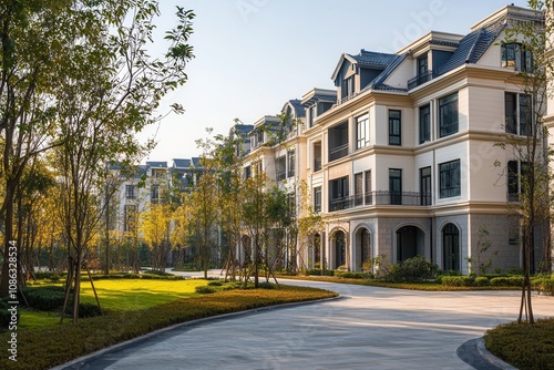 Row of luxury homes with manicured landscaping and a paved driveway.