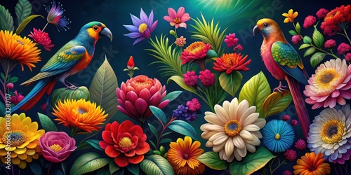 Vivid blooms and fluttering birds in a floral paradise on a dark background, floral, paradise, vivid, blooms, fluttering, birds