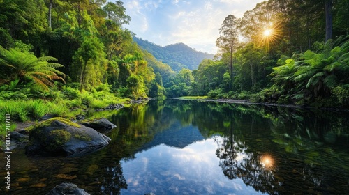 Serene Dense Tropical Rainforest with Calm Waters