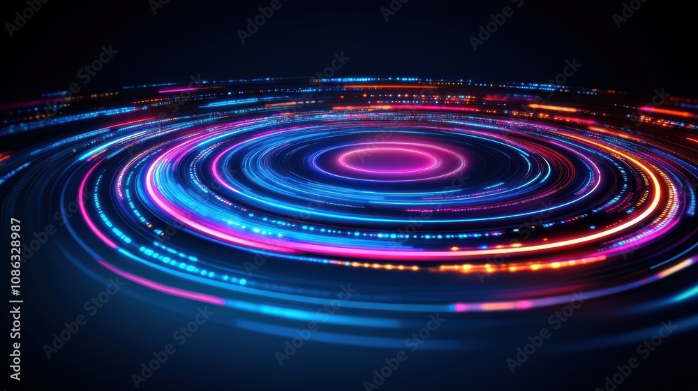 A vibrant, abstract design featuring swirling neon lights in a circular pattern, creating a sense of motion and depth. A vibrant, abstract design featuring swirling neon lights in a circular pattern, creating a sense of motion and depth.