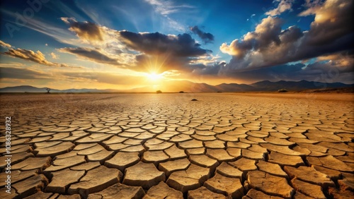 Barren desert landscape with cracked earth showcasing drought effects, desert, landscape, cracked earth, drought, dry, arid