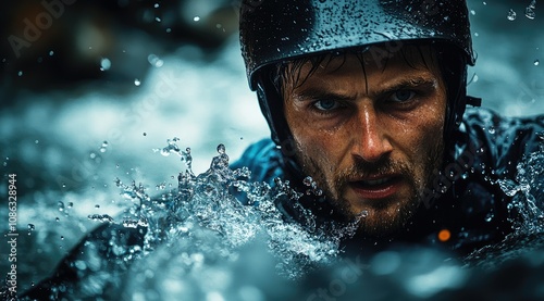 Close-up of a determined kayaker paddling through whitewater rapids, water splashing around his face.