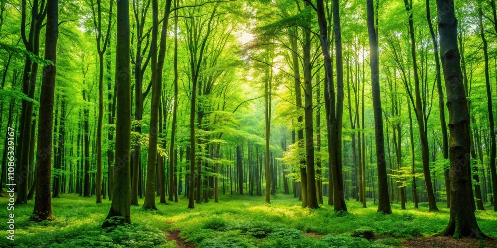 Fototapeta premium Lush forest with vibrant green foliage and tall trees, nature, environment, landscape, flora, fauna, wilderness, vibrant, greenery