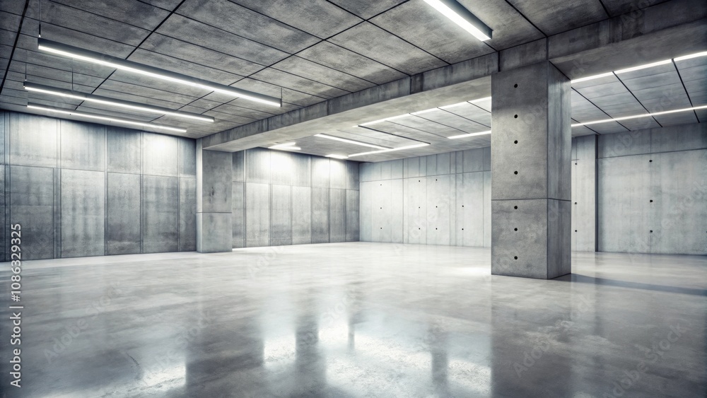 Abstract empty modern concrete room with offset walls, open ceiling, and rough floor industrial interior background template