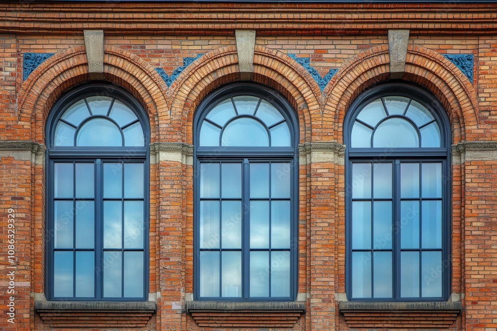 Three arched windows on a brick facade. Three arched windows on a brick facade.