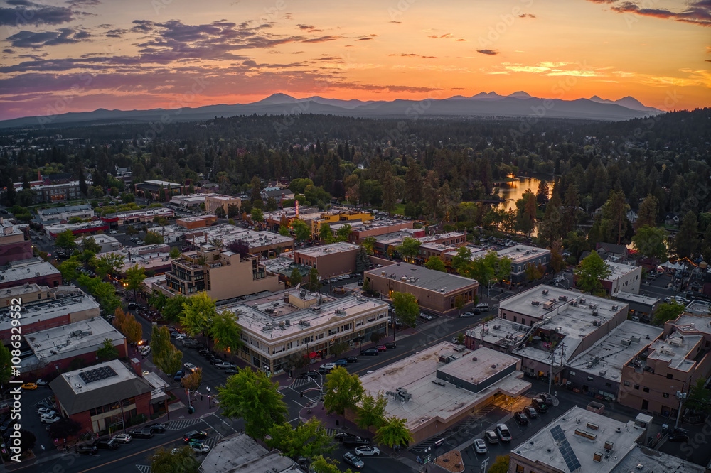 Aerial View of Bend, Oregon at Sunset during Summer