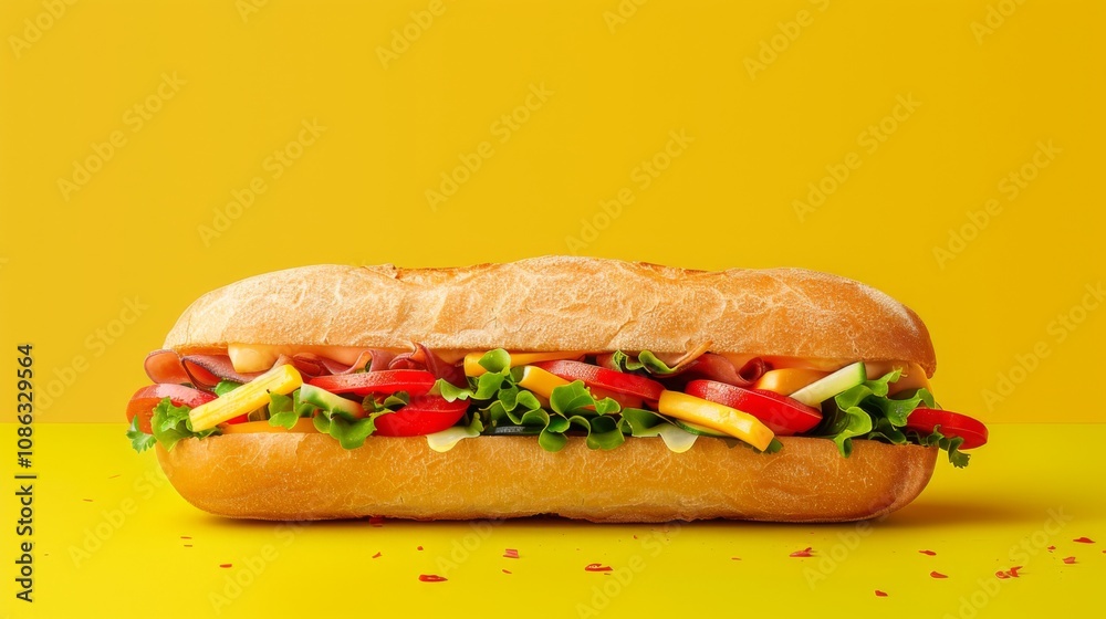Fresh Banh Mi Sandwich on Bright Yellow Background Fresh Banh Mi Sandwich on Bright Yellow Background