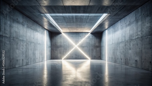 Abstract modern concrete room with a double arrow opening backlit from above and rough industrial floor , empty, concrete