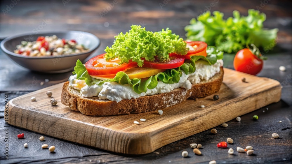 Open-faced sandwich on black ciabatta bread with pepper, lettuce and cream cheese on wooden board, food Open-faced sandwich on black ciabatta bread with pepper, lettuce and cream cheese on wooden board, food