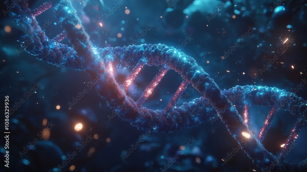 A vibrant DNA molecule is depicted with shining particles surrounding it, showcasing intricate details in a mysterious dark setting. Generative AI A vibrant DNA molecule is depicted with shining particles surrounding it, showcasing intricate details in a mysterious dark setting. Generative AI