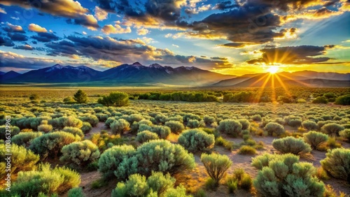 Soft sunlight filtering through green desert sagebrush plants in Ranchos de Taos valley landscape at sunset , soft, sun rays photo