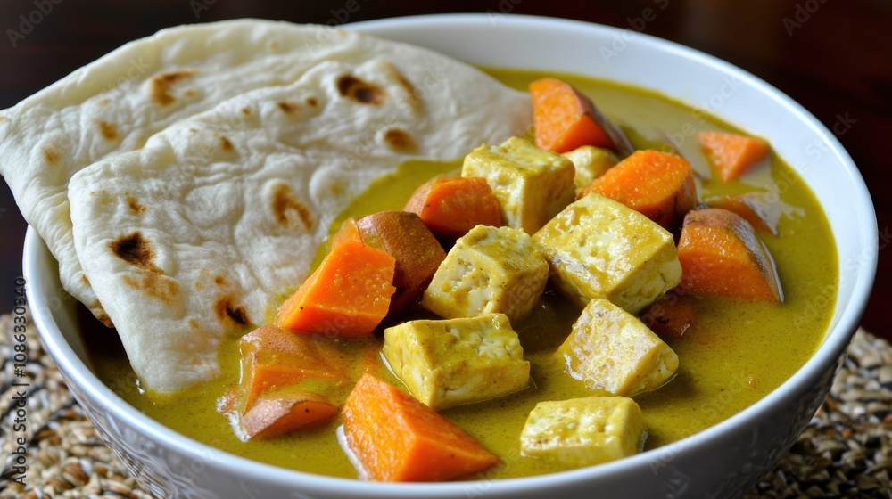 A delicious bowl of curry featuring tofu, carrots, and flatbread, showcasing a vibrant, wholesome plant-based meal. A delicious bowl of curry featuring tofu, carrots, and flatbread, showcasing a vibrant, wholesome plant-based meal.