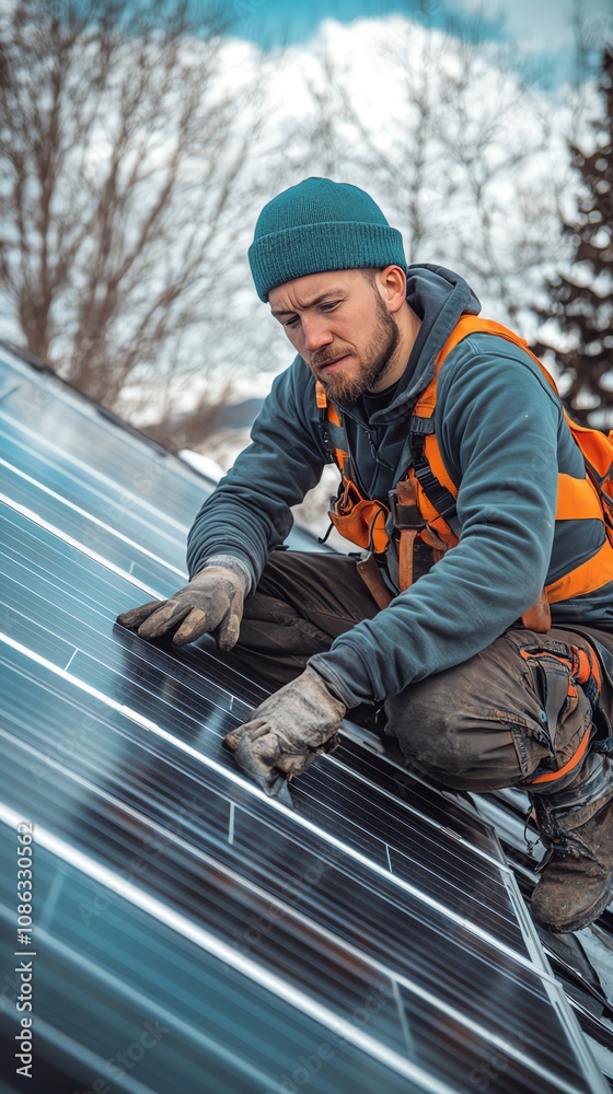 A male solar panel installer works on a rooftop in winter.