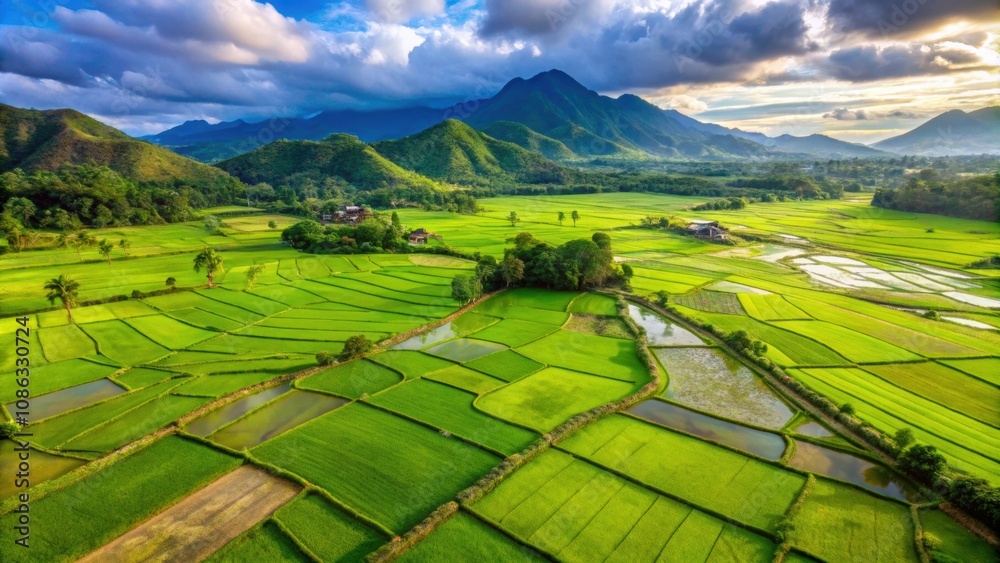 Obraz premium Aerial view of lush green rice fields in Sumbawa village, Indonesia, rice field, aerial shot, agriculture, Sumbawa