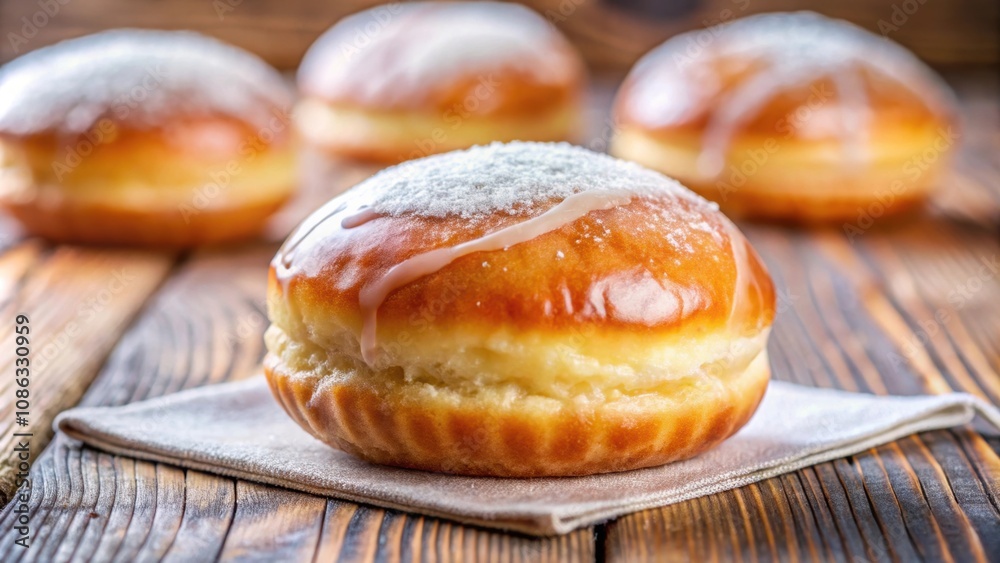 Freshly baked Berliner with a translucent glaze and selective focus, Berlin, doughnut, sugar, dessert, sweet, pastry, bakery Freshly baked Berliner with a translucent glaze and selective focus, Berlin, doughnut, sugar, dessert, sweet, pastry, bakery