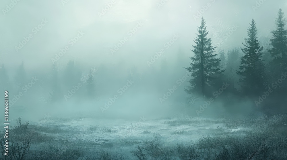 Winter meadow shrouded in early morning fog, with faint outlines of snowy trees Winter meadow shrouded in early morning fog, with faint outlines of snowy trees